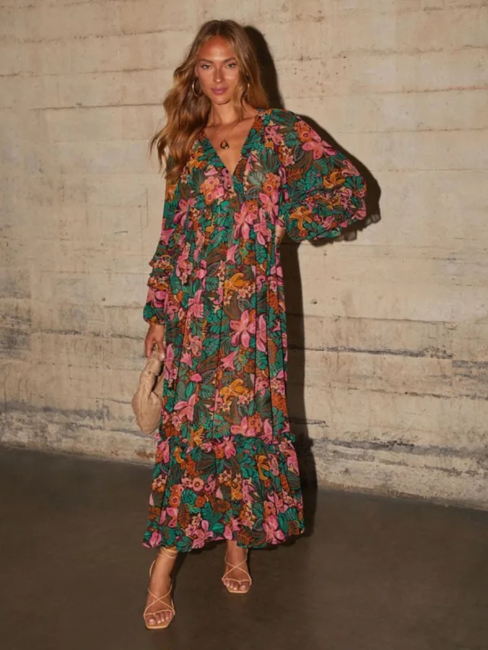 Floral V-Neck Maxi Dress in Green and Pink